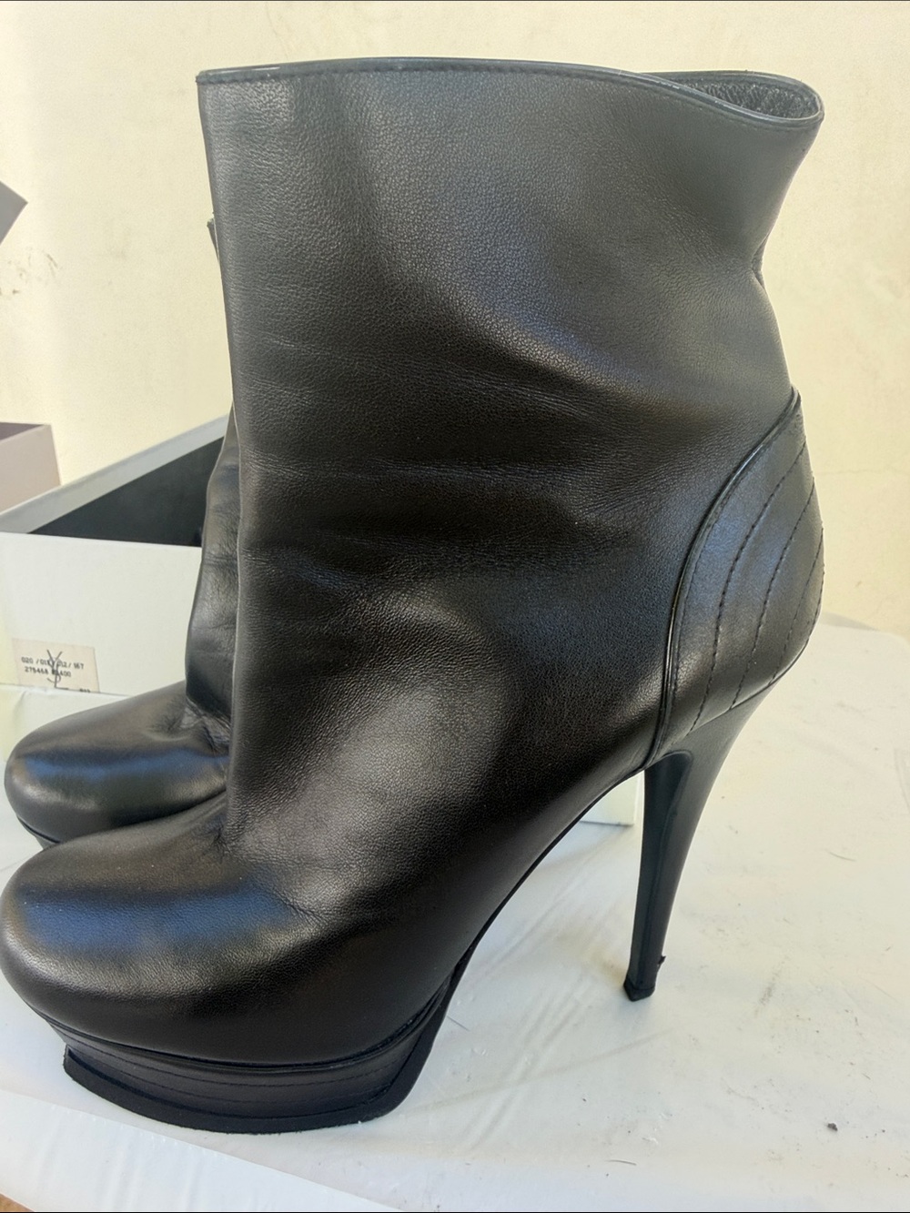 Yves Saint Laurent Black Leather Platform Stiletto Ankle Boots
